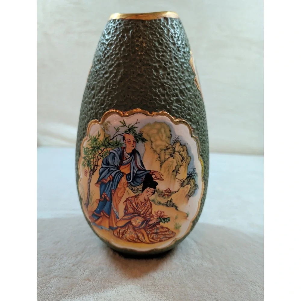 Vintage Japanese Satsuma Style Textured Green Lava Glaze‎ Gilt Porcelain Vase